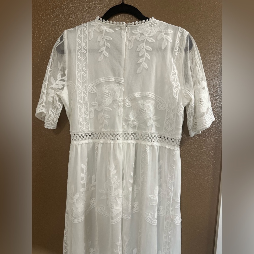 Ivory Floral Embroidered Lace Boho Maxi Dress Deep V-neck Fairycore Cottagcore. - Picture 13 of 14